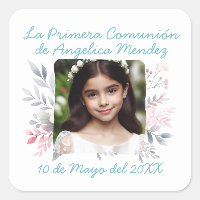 Pegatina Cuadrada Primera Comunión con Foto y Flores Español (Anverso)