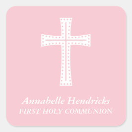 Pegatina Cuadrada Primera comunión de Chicas rosados