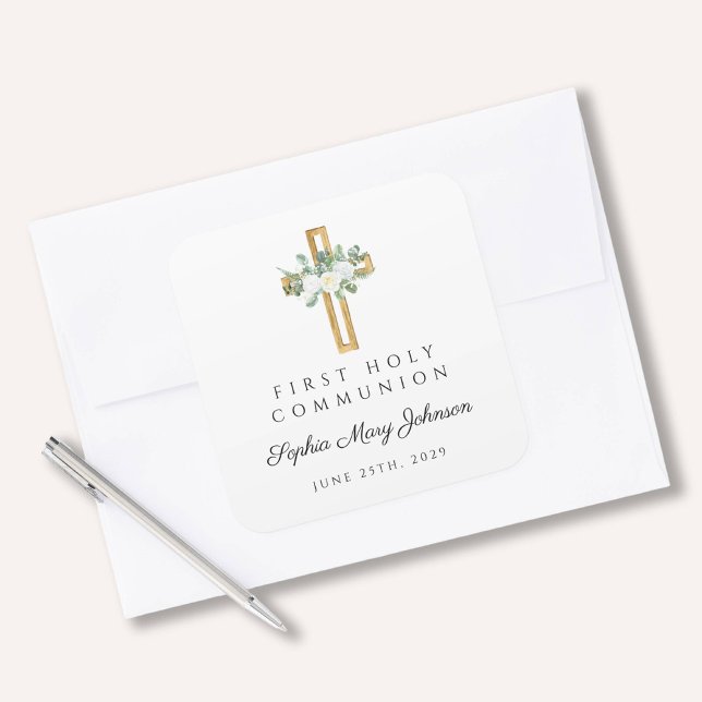 Pegatina Cuadrada Primera Comunión de Flores Blancas Elegantes (Elegant White Floral First Communion Square Sticker)