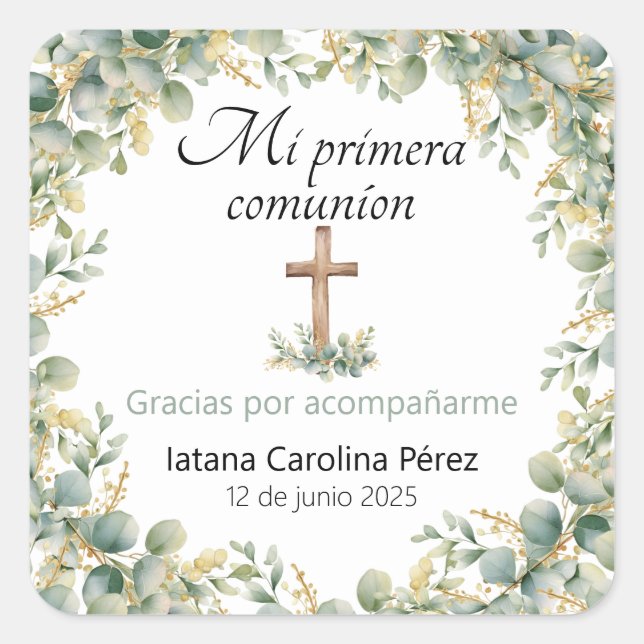 Pegatina Cuadrada Primera Comunión de Pegatinas de Mi Primera Comuni (Anverso)