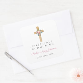 Pegatina Cuadrada Primera Comunión del Chica floral moderno