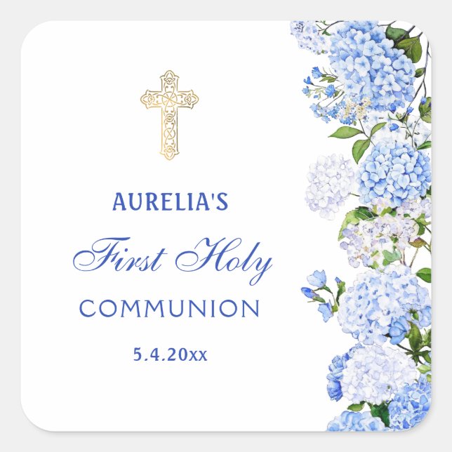 Pegatina Cuadrada Primera Comunión Hortensia Azul (Anverso)