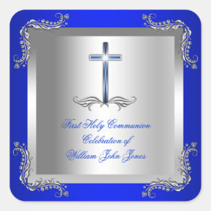 Pegatina Cuadrada Primera Comunión Niño Plata Azul Real 2T