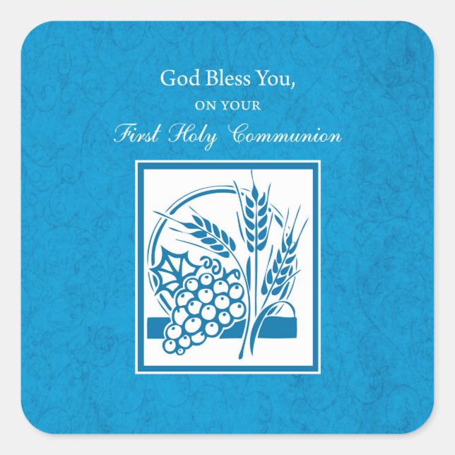 Pegatina Cuadrada Primera comunión, trigo, uvas azul (Anverso)