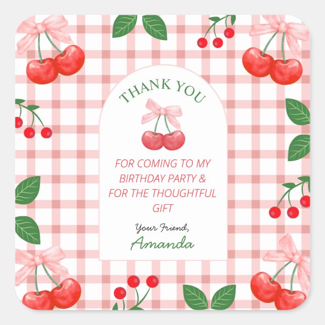 Pegatina Cuadrada Primera fiesta de cumpleaños de Cherry Fruit (Anverso)