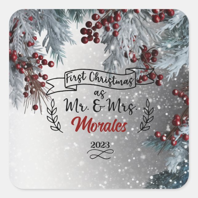 Pegatina Cuadrada Primera Navidad como Sr. y Sra. (Anverso)