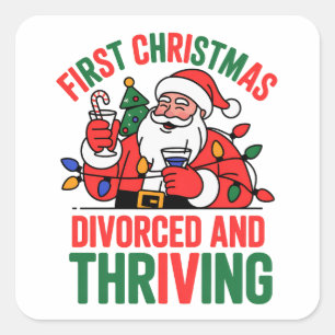 Pegatina Cuadrada Primera Navidad Divorciada y Próspera Navidad