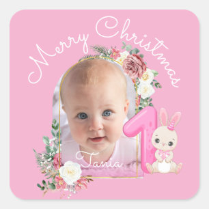 Pegatina Cuadrada Primera Navidad Rosa Bebé Niña Foto floral