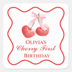Pegatina Cuadrada Primero cumpleaños de cereza lazo rosa gingham