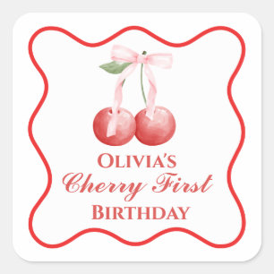 Pegatina Cuadrada Primero cumpleaños de cereza lazo rosa gingham