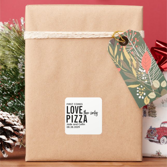 Pegatina Cuadrada Primero viene el amor y luego viene la pizza |Fies (Vacaciones)