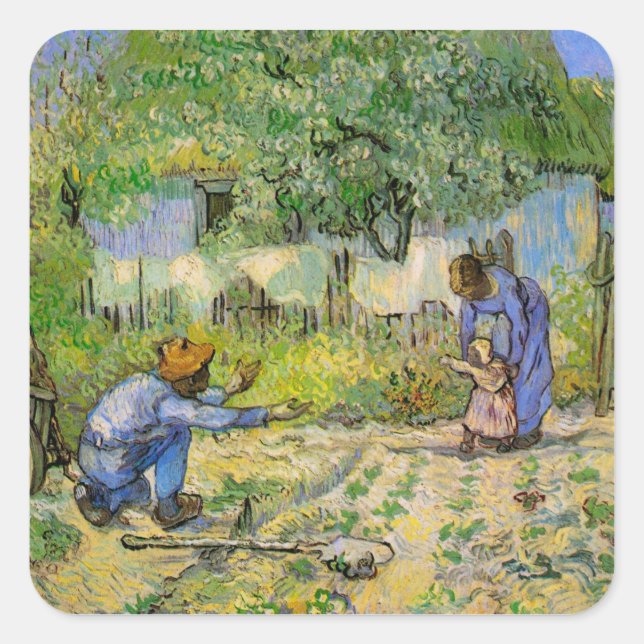 Pegatina Cuadrada Primeros pasos (según Millet) de Vincent van Gogh (Anverso)