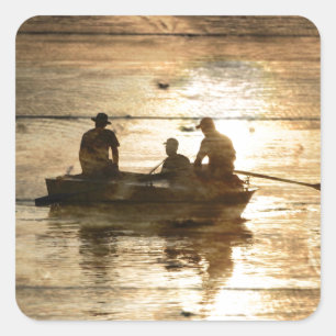 Pegatina Cuadrada Primitiva pesca de canoa en el lago de campo