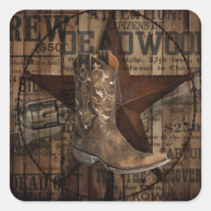 Pegatina Cuadrada Primitivo texas solitarias Estrella Cowboy País Oc