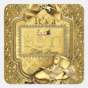 Pegatina Cuadrada Prince Baby Shower Baby Boy Elite Damask Gold