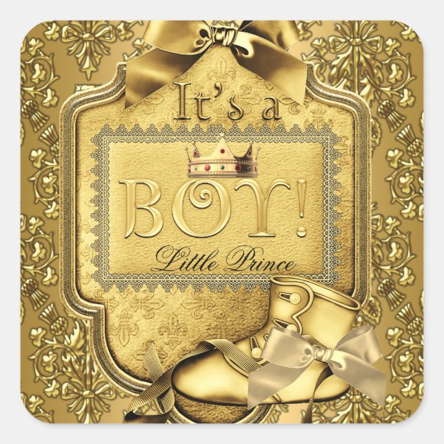 Pegatina Cuadrada Prince Baby Shower Baby Boy Elite Damask Gold (Anverso)