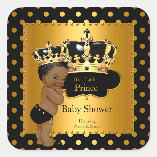 Pegatina Cuadrada Prince Baby Shower Boy Black Gold Ethnic (Anverso)