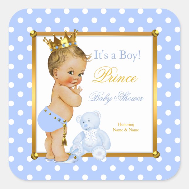 Pegatina Cuadrada Prince Baby Shower Boy Blue Polka Dot Blonde (Anverso)