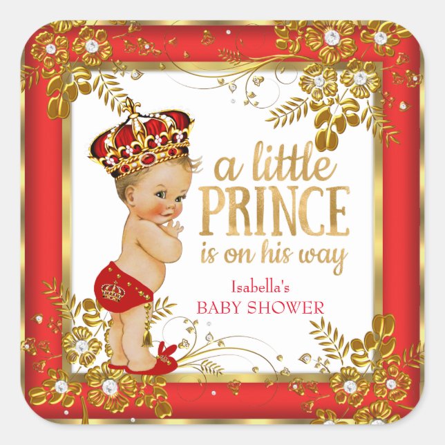 Pegatina Cuadrada Prince Baby Shower Boy Red Gold White Blona (Anverso)