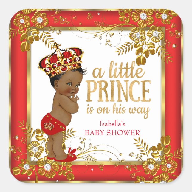 Pegatina Cuadrada Prince Baby Shower Boy Red Gold White Ethnic (Anverso)