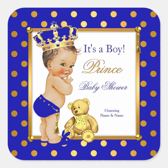 Pegatina Cuadrada Prince Baby Shower Boy Royal Blue Gold Brunette (Anverso)