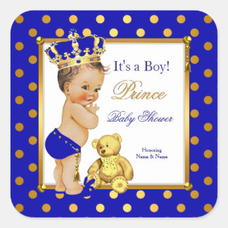 Pegatina Cuadrada Prince Baby Shower Boy Royal Blue Gold Brunette