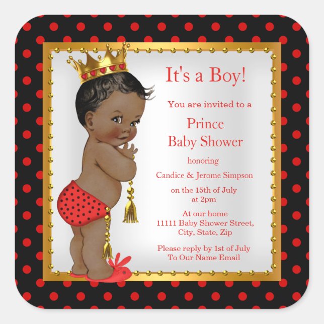 Pegatina Cuadrada Prince Baby Shower Red Gold Black Boy (Anverso)