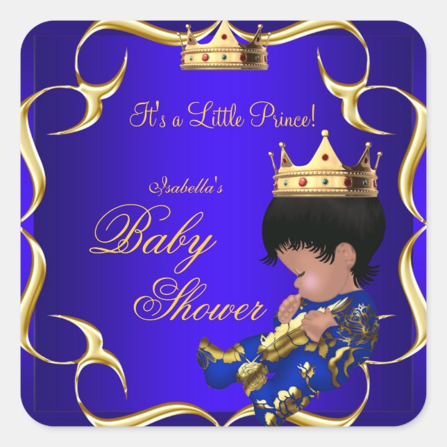 Pegatina Cuadrada Prince Baby Shower Royal Blue Gold Boy Crown 3 (Anverso)