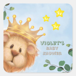 Pegatina Cuadrada Prince Lion Golden Crown Eucalyptus Baby Shower