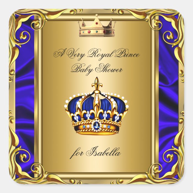 Pegatina Cuadrada Prince Royal Blue Baby Shower Regal Gold (Anverso)