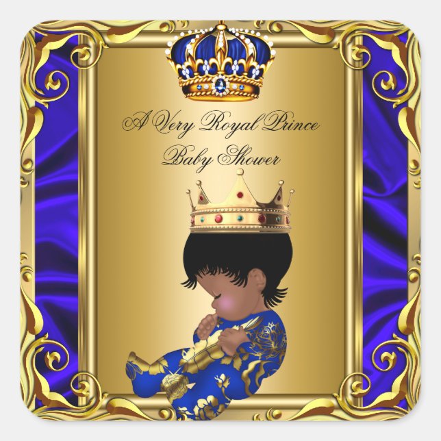 Pegatina Cuadrada Prince Royal Blue Baby Shower Regal Gold Boy (Anverso)