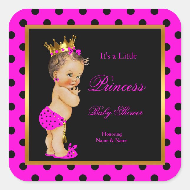 Pegatina Cuadrada Princesa Baby Shower Chica Black Brunette Hot Pink (Anverso)