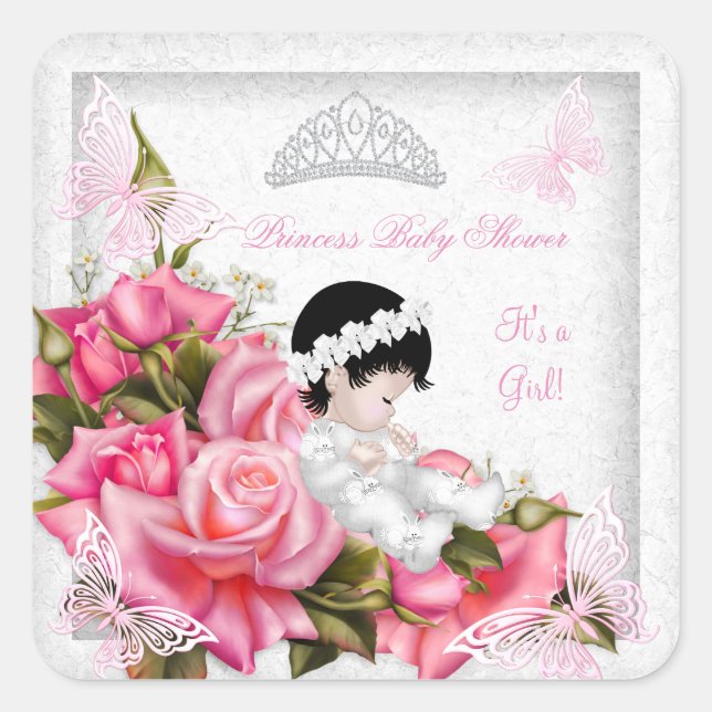 Pegatina Cuadrada Princesa Baby Shower Chica Mariposa Rosa 2 (Anverso)