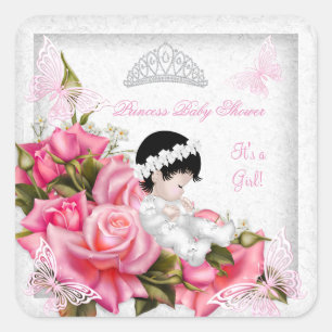 Pegatina Cuadrada Princesa Baby Shower Chica Mariposa Rosa 2