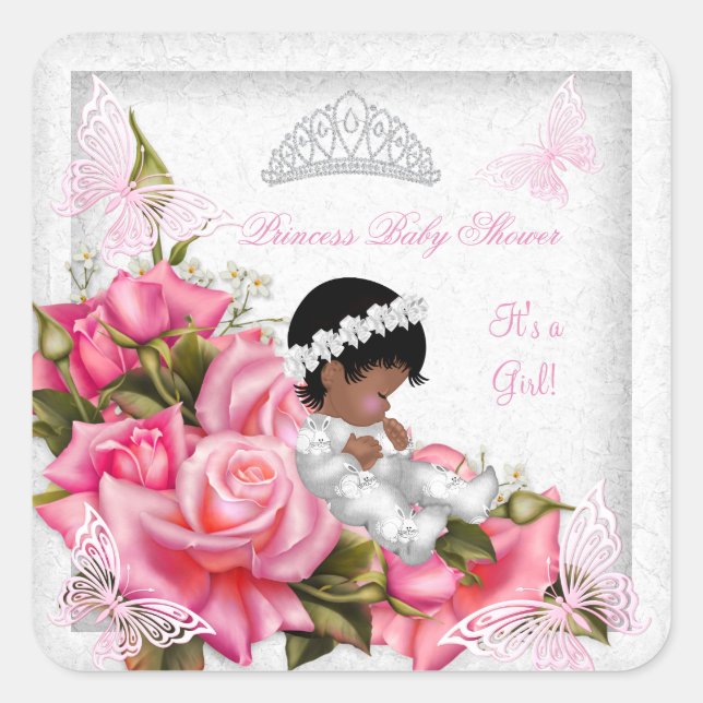 Pegatina Cuadrada Princesa Baby Shower Chica Mariposa Rosa 3 (Anverso)