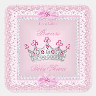 Pegatina Cuadrada Princesa Baby Shower Chica Rosa Gem Silver Tiara