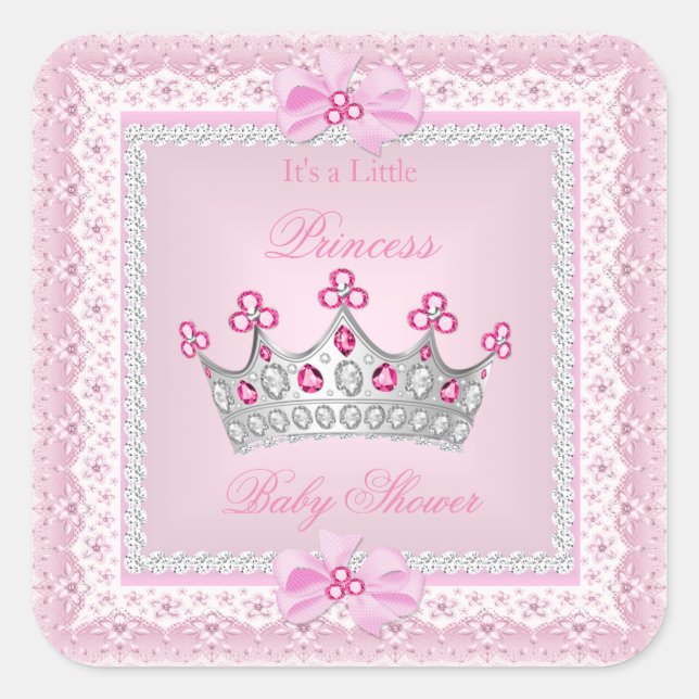 Pegatina Cuadrada Princesa Baby Shower Chica Rosa Gem Silver Tiara (Anverso)