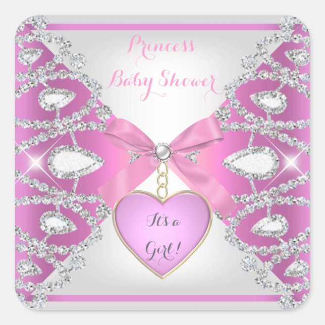 Pegatina Cuadrada Princesa Baby Shower Diamonds Baby Girl Pink (Anverso)