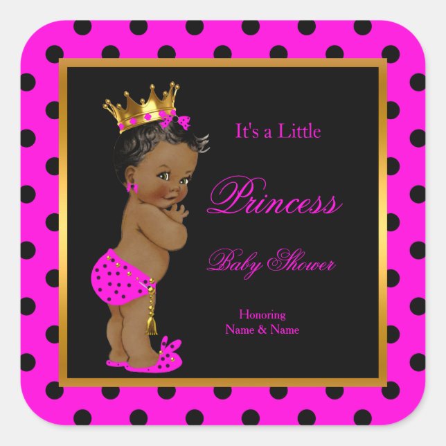Pegatina Cuadrada Princesa Chica Baby Shower de etnia negra rosada (Anverso)