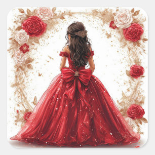 Pegatina Cuadrada Princesa con vestido rojo rodeada de rosas