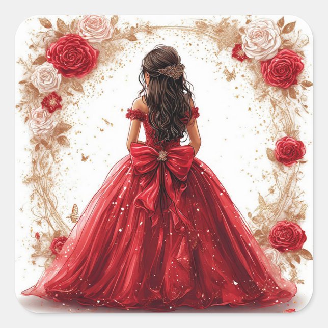 Pegatina Cuadrada Princesa con vestido rojo rodeada de rosas (Anverso)