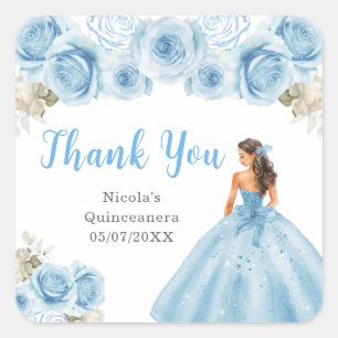 Pegatina Cuadrada Princesa con vestimenta azul Quinceanera Gracias