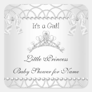 Pegatina Cuadrada Princesa Cumpleaños Bebé Niña Tiara Plateado Blanc