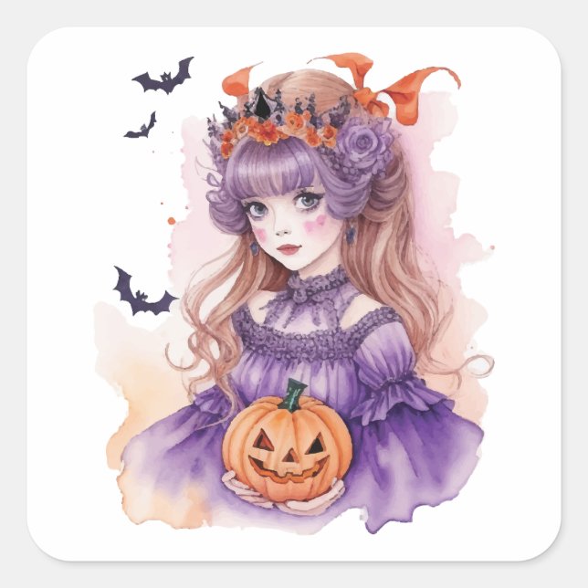 Pegatina Cuadrada Princesa de acuarela de Halloween (Anverso)