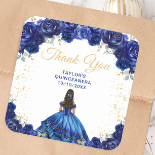 Pegatina Cuadrada Princesa de Azul Oscuro Quinceañera Gracias
