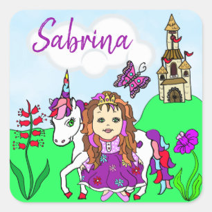 Pegatina Cuadrada Princesa de Bonito personalizada y castillo de uni