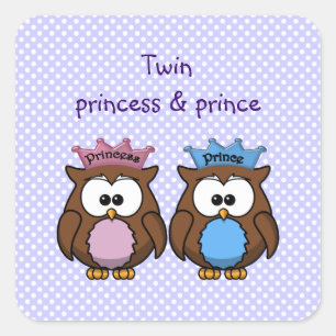 Pegatina Cuadrada princesa de búho gemelo y príncipe