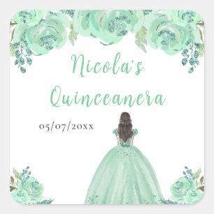 Pegatina Cuadrada Princesa de Cabello Castaño Mint Floral Quinceañer