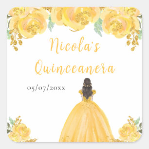 Pegatina Cuadrada Princesa de Cabello Marrón Quinceañera Floral Dora