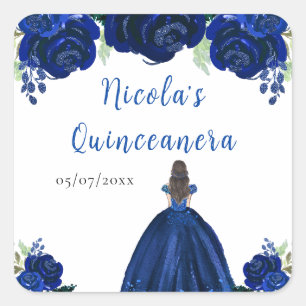 Pegatina Cuadrada Princesa de Cabello Marrón Quinceañera Floral Navy